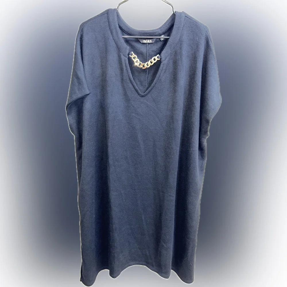 🔥5/$30🔥 IMAN Black Tunic Dress W Gold Chain Accent - Picture 3 of 5